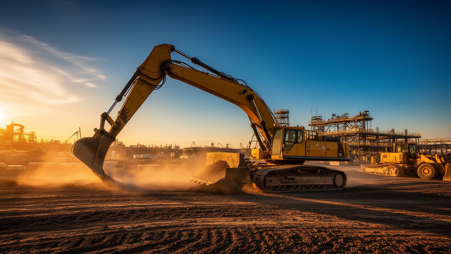 Heavy excavator working at sunset on industrial site