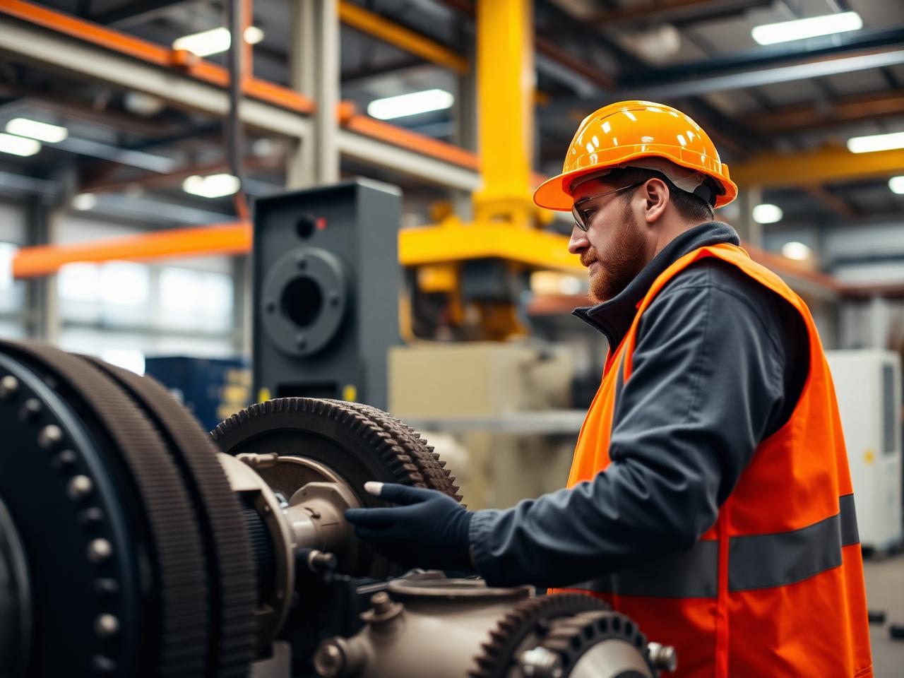 Engineer inspecting heavy machinery components in workshop